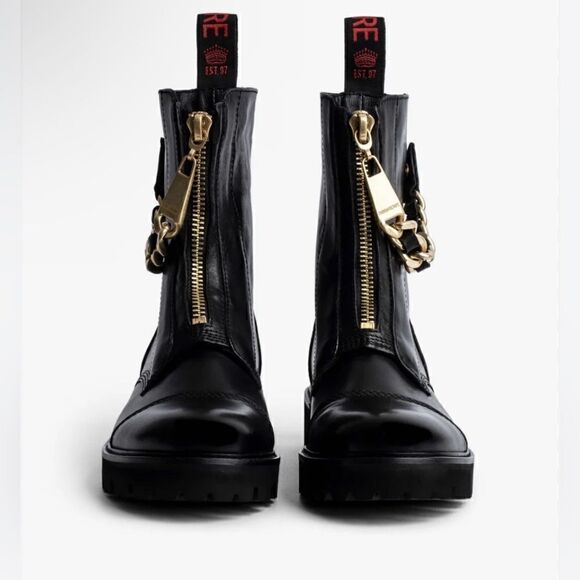 Zadig & Voltaire Joe Cecilia leather combat moto boots with gold chain New - Picture 3 of 16